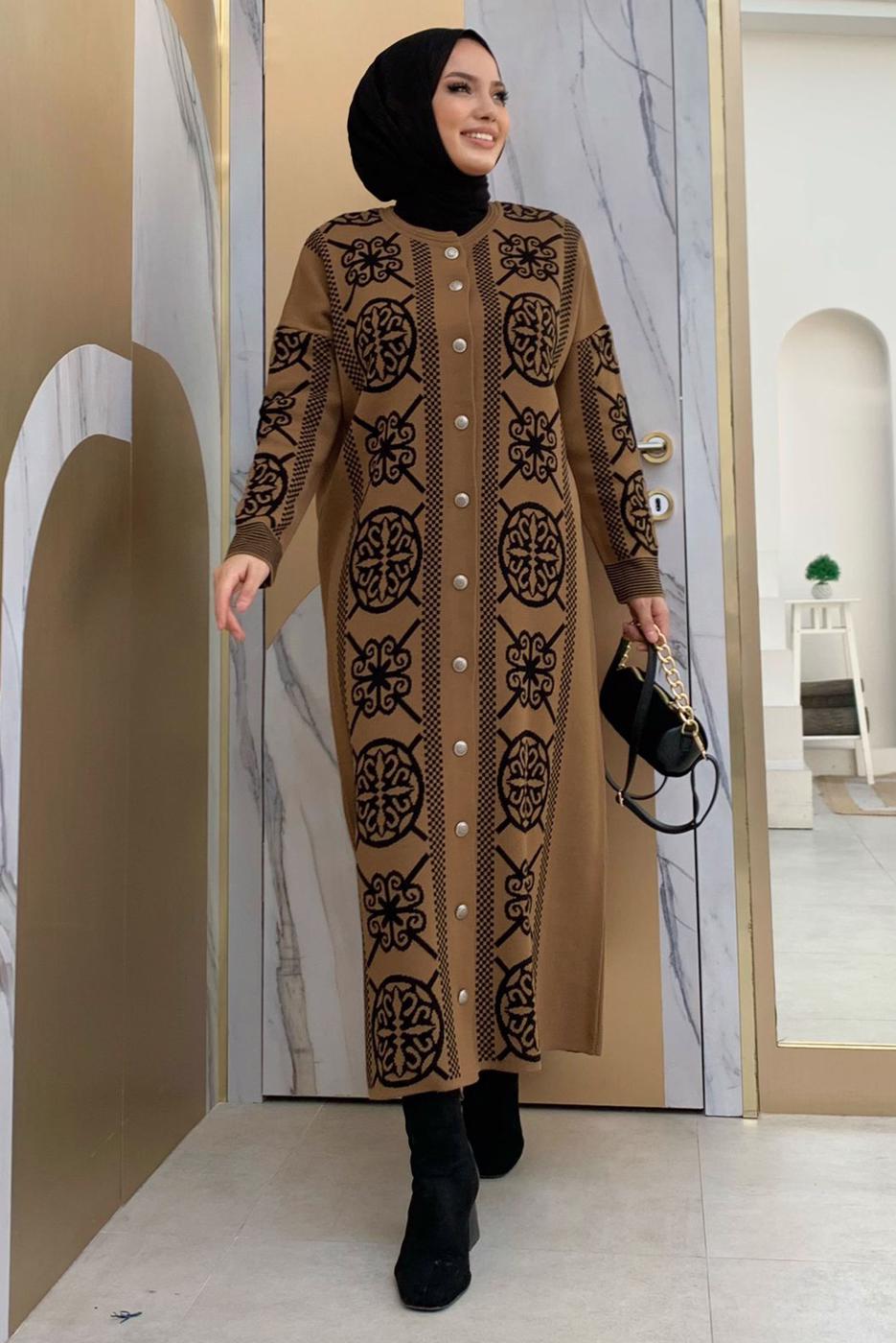 Tesettür giyim TABA ETNİK DESENLİ TRİKO CEKET T 8316