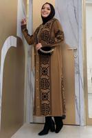 Tesettür giyim TABA ETNİK DESENLİ TRİKO CEKET T 8316
