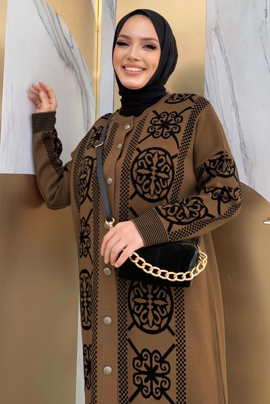 Tesettür giyim TABA ETNİK DESENLİ TRİKO CEKET T 8316