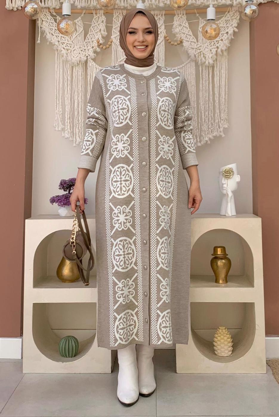 Tesettür giyim VİZON ETNİK DESENLİ TRİKO CEKET T 8316