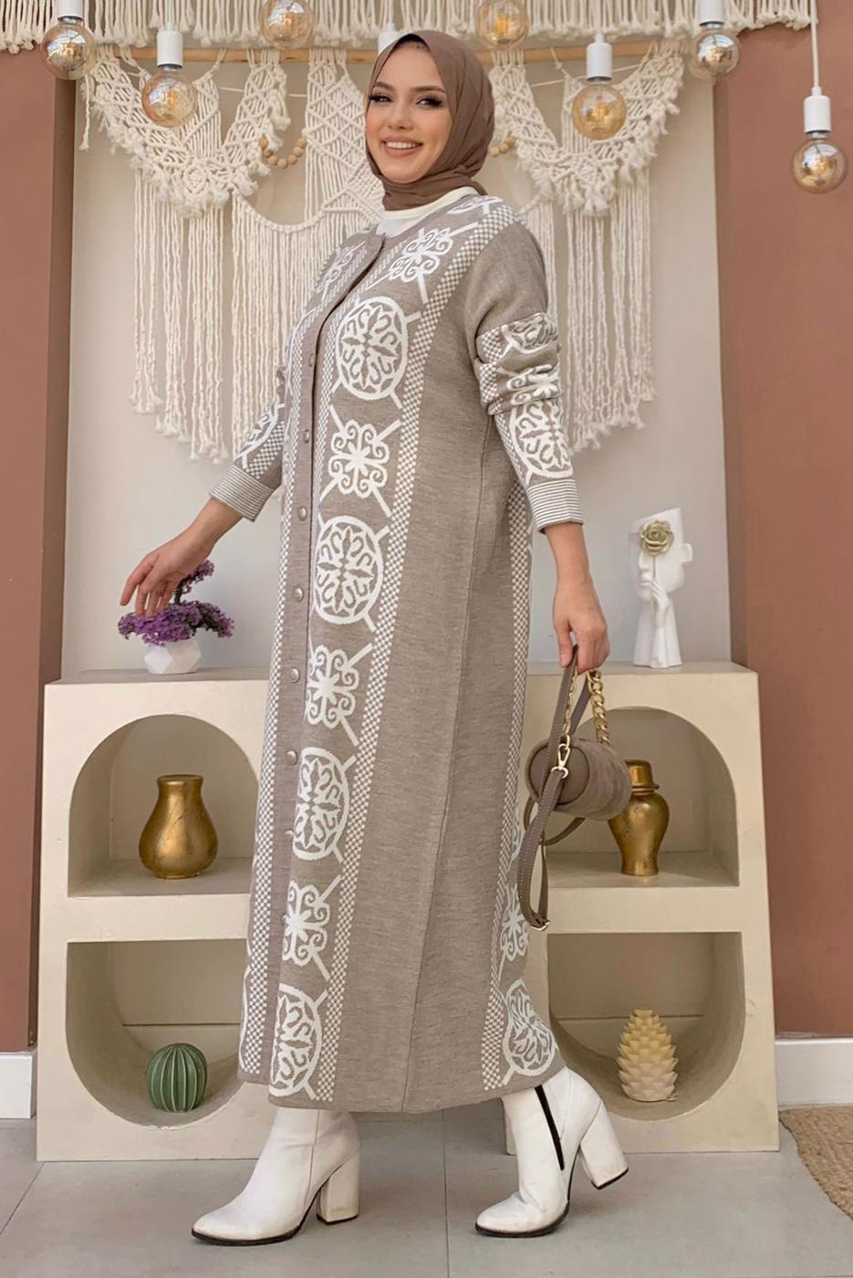 Tesettür giyim VİZON ETNİK DESENLİ TRİKO CEKET T 8316