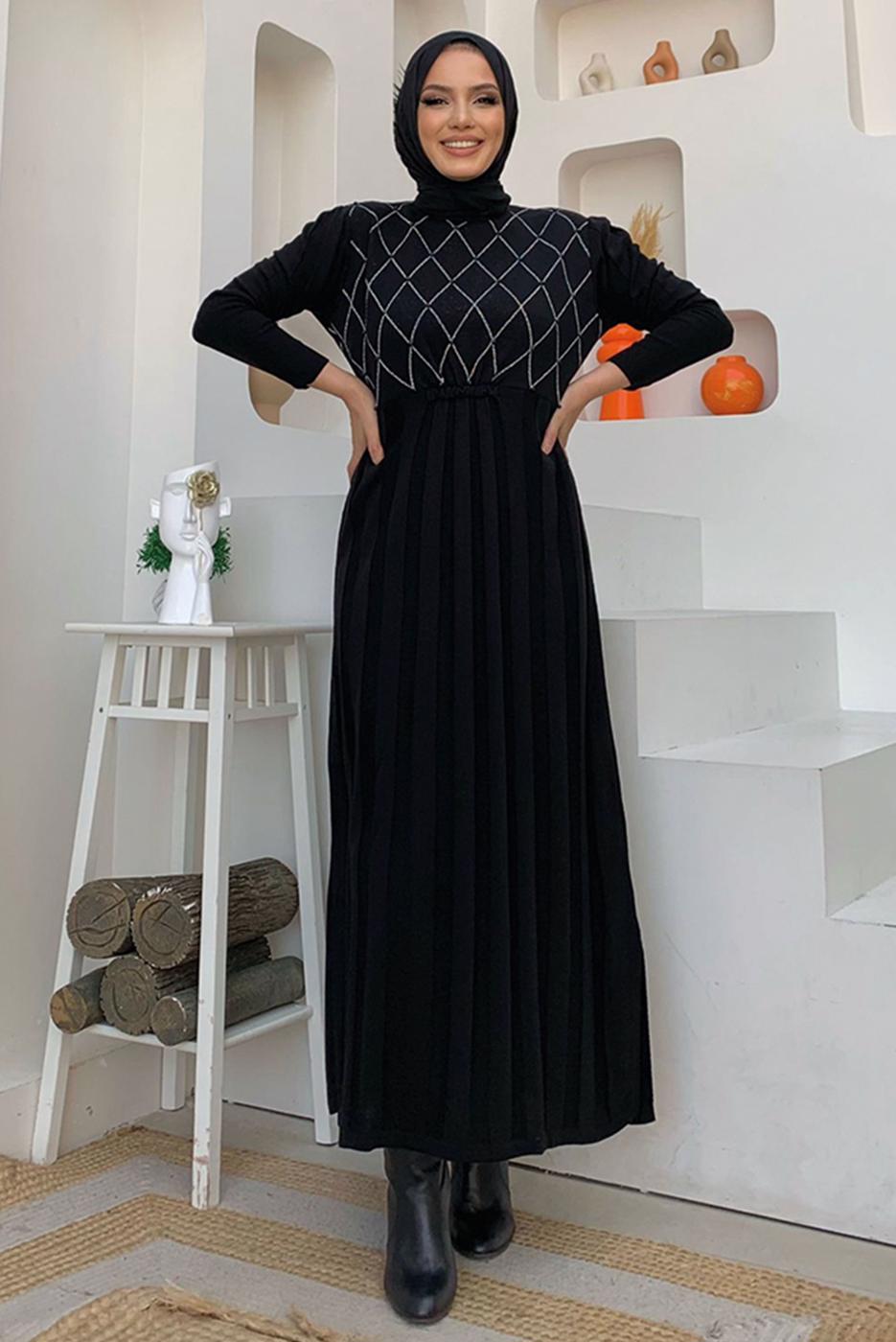 Tesettür giyim SİYAH BONCUK İŞLEMELİ TRİKO ELBİSE T 0071