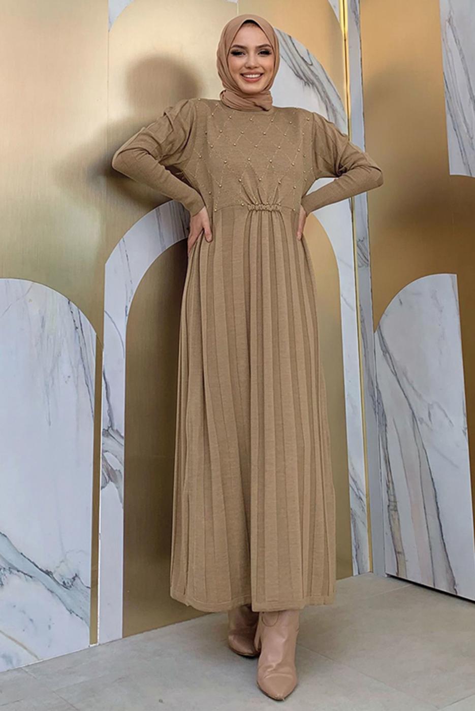 Tesettür giyim VİZON BONCUK İŞLEMELİ TRİKO ELBİSE T 0071