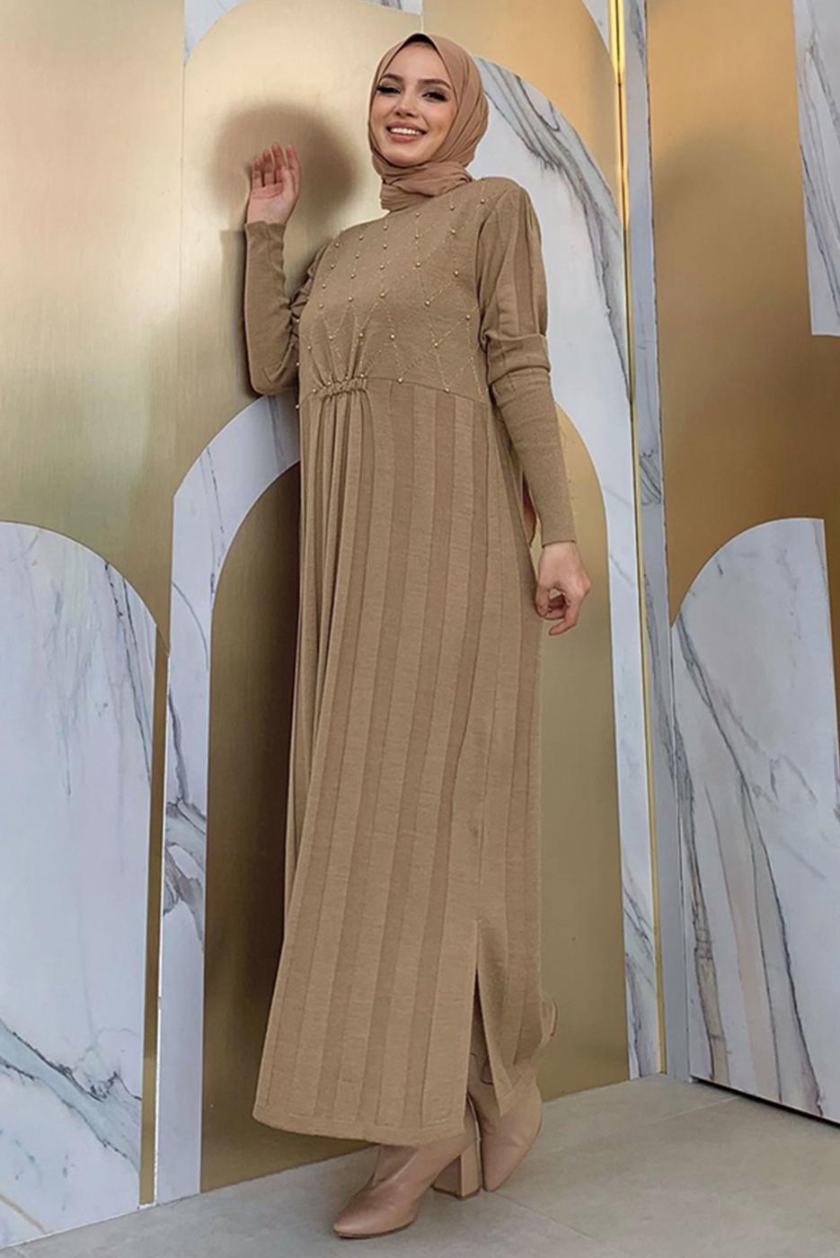 Tesettür giyim VİZON BONCUK İŞLEMELİ TRİKO ELBİSE T 0071