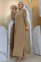 Tesettür giyim VİZON BONCUK İŞLEMELİ TRİKO ELBİSE T 0071