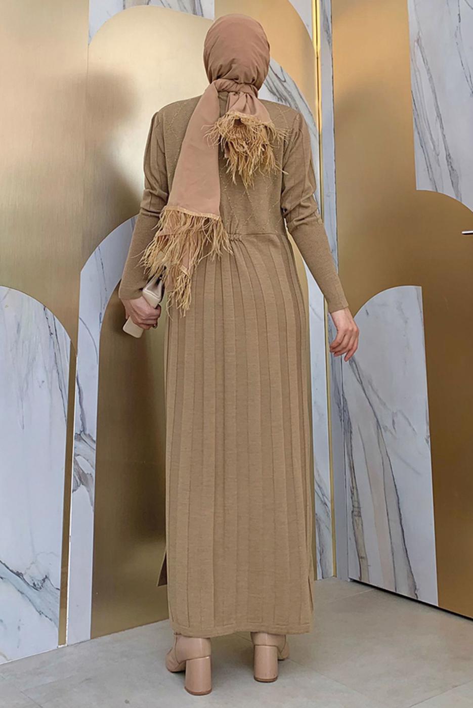 Tesettür giyim VİZON BONCUK İŞLEMELİ TRİKO ELBİSE T 0071