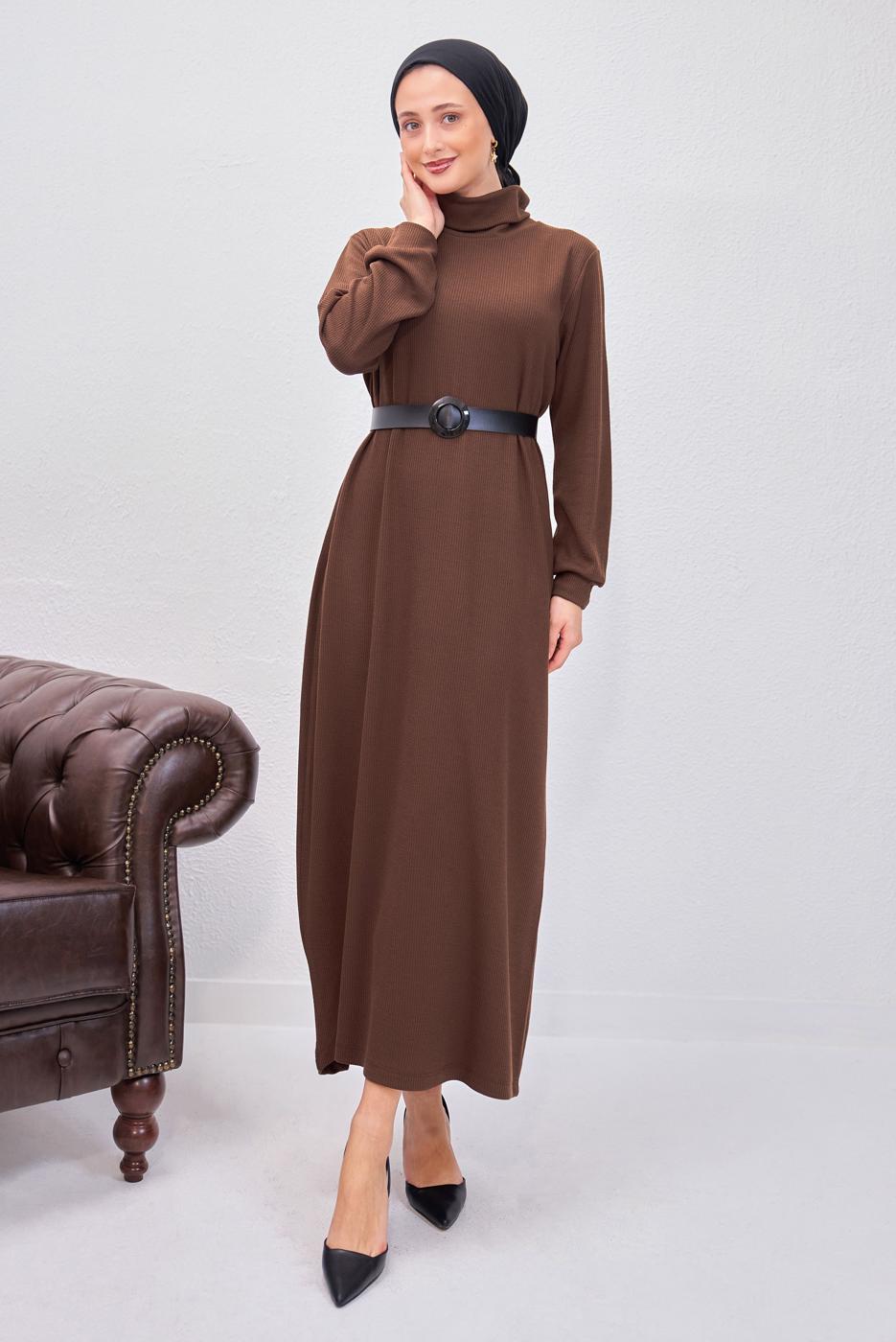Hijab clothing BROWN BELTED DRESS T 0135