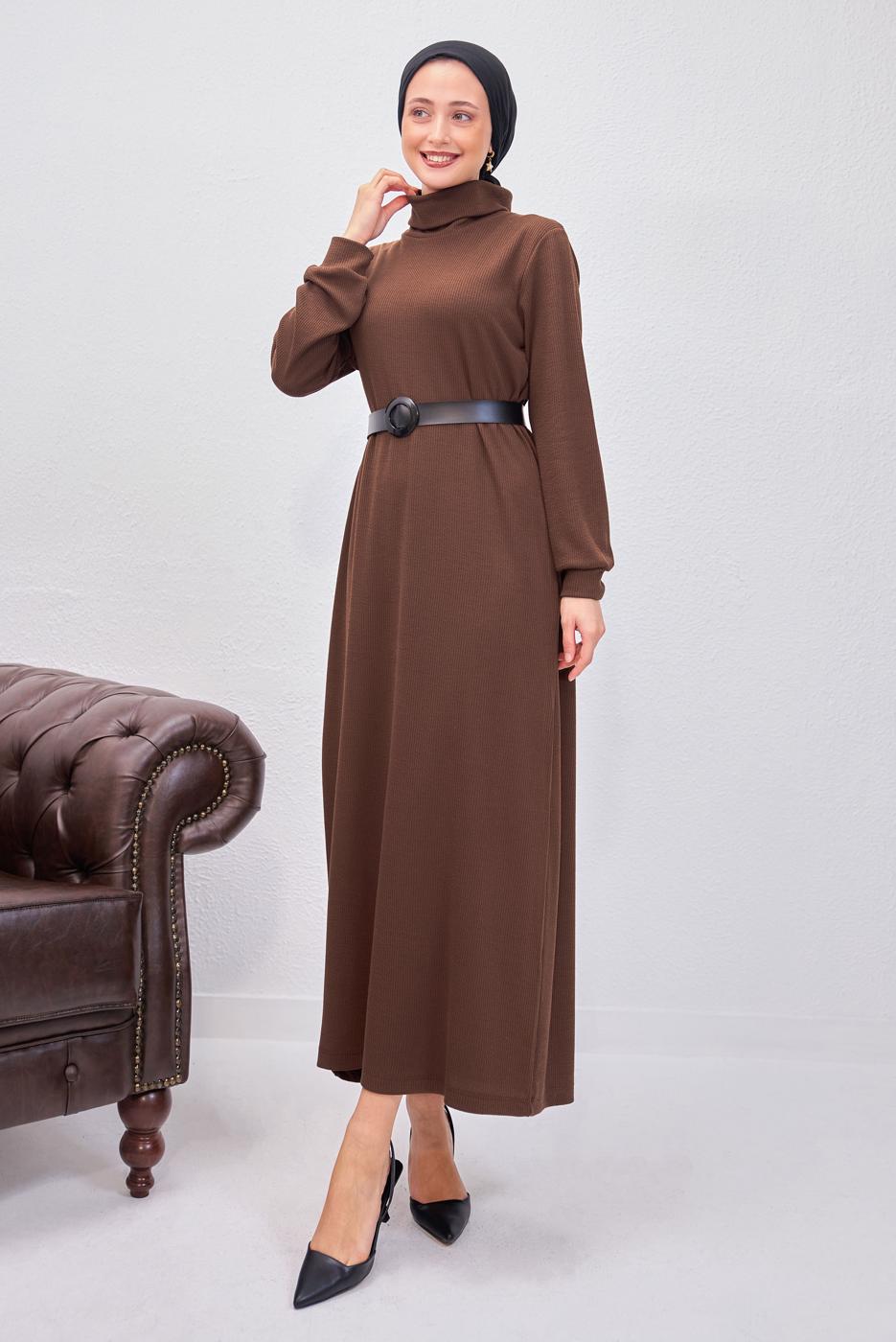 Hijab clothing BROWN BELTED DRESS T 0135