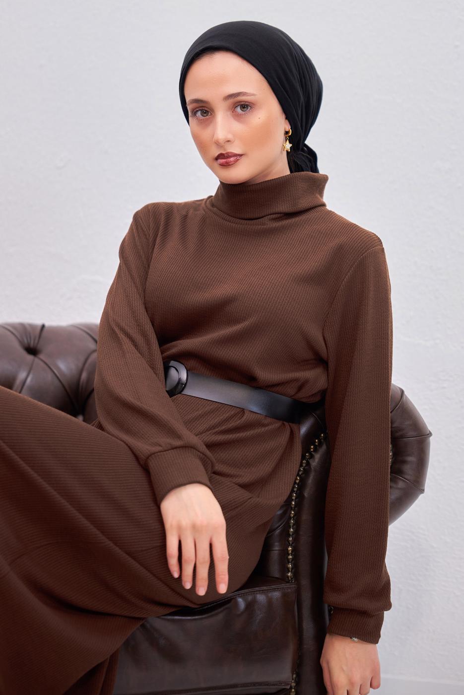 Hijab clothing BROWN BELTED DRESS T 0135
