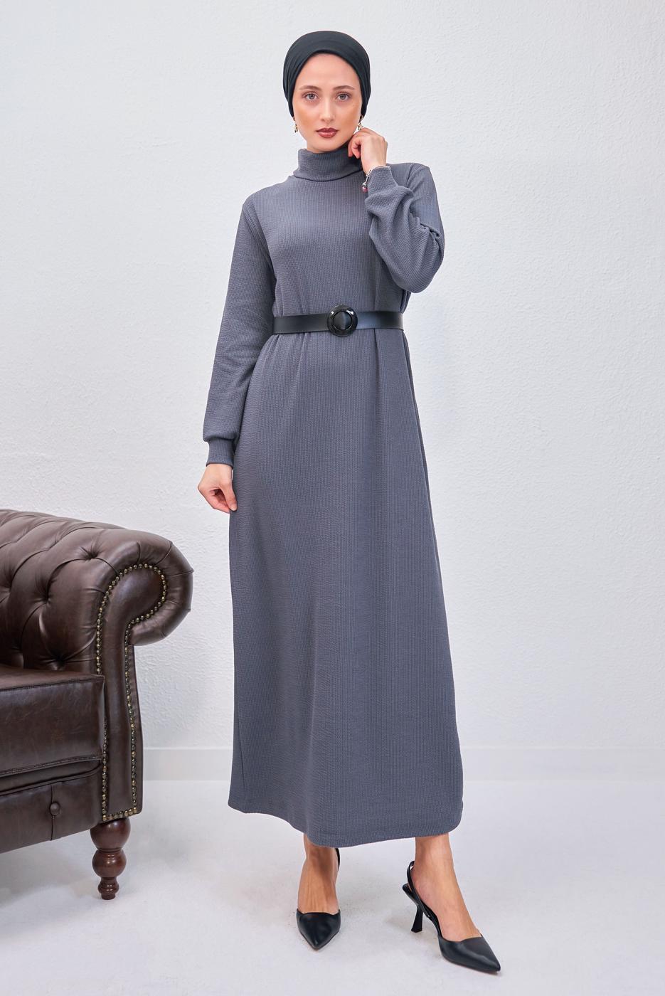 Tesettür giyim GRİ KEMERLİ ELBİSE T 0135