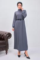 Tesettür giyim GRİ KEMERLİ ELBİSE T 0135