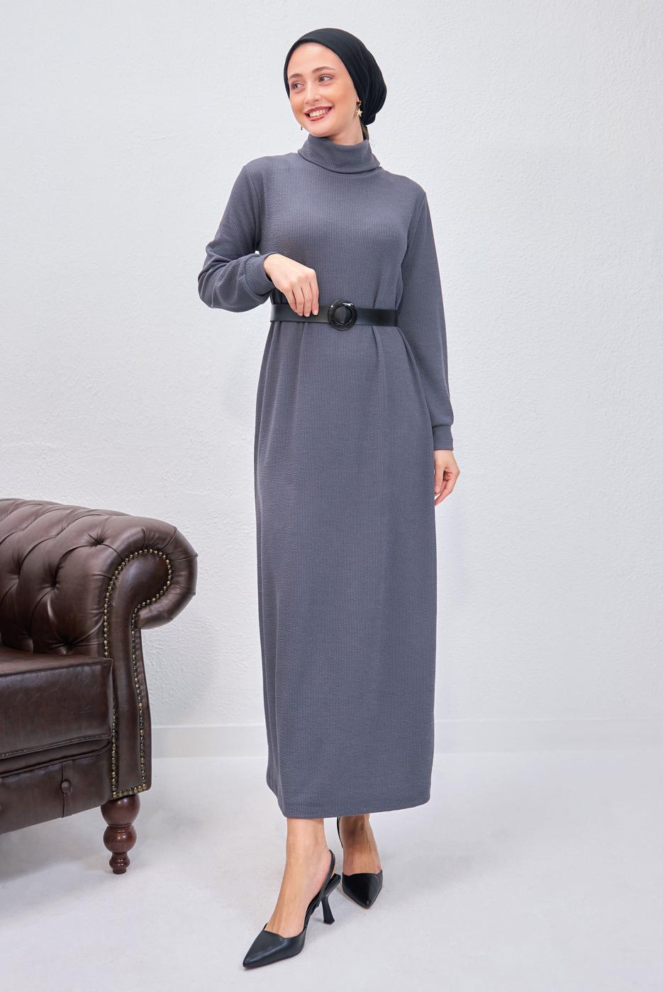 Tesettür giyim GRİ KEMERLİ ELBİSE T 0135
