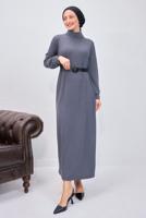 Tesettür giyim GRİ KEMERLİ ELBİSE T 0135