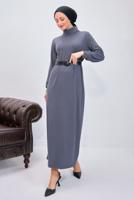 Tesettür giyim GRİ KEMERLİ ELBİSE T 0135
