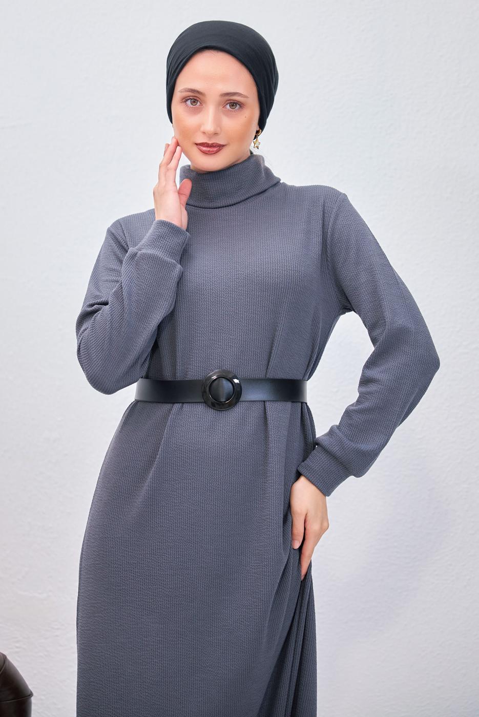 Tesettür giyim GRİ KEMERLİ ELBİSE T 0135