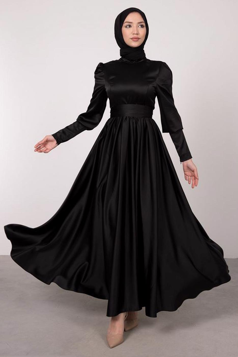 Tesettür giyim SİYAH KUŞAKLI SATEN ELBİSE T 1247