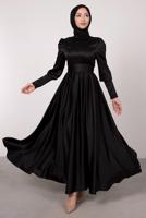 Tesettür giyim SİYAH KUŞAKLI SATEN ELBİSE T 1247