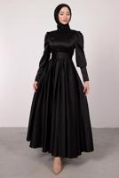 Tesettür giyim SİYAH KUŞAKLI SATEN ELBİSE T 1247
