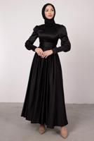 Tesettür giyim SİYAH KUŞAKLI SATEN ELBİSE T 1247
