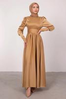 Tesettür giyim BEJ KUŞAKLI SATEN ELBİSE T 1247