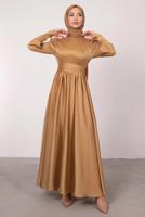 Tesettür giyim BEJ KUŞAKLI SATEN ELBİSE T 1247