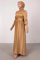 Tesettür giyim BEJ KUŞAKLI SATEN ELBİSE T 1247