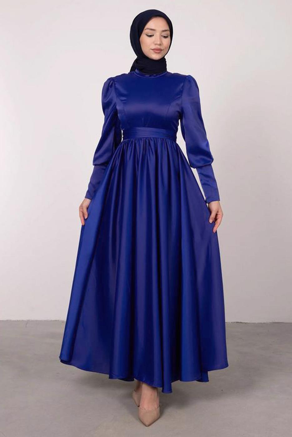 Tesettür giyim LACİVERT KUŞAKLI SATEN ELBİSE T 1247