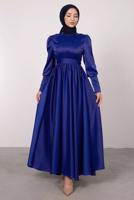 Tesettür giyim LACİVERT KUŞAKLI SATEN ELBİSE T 1247