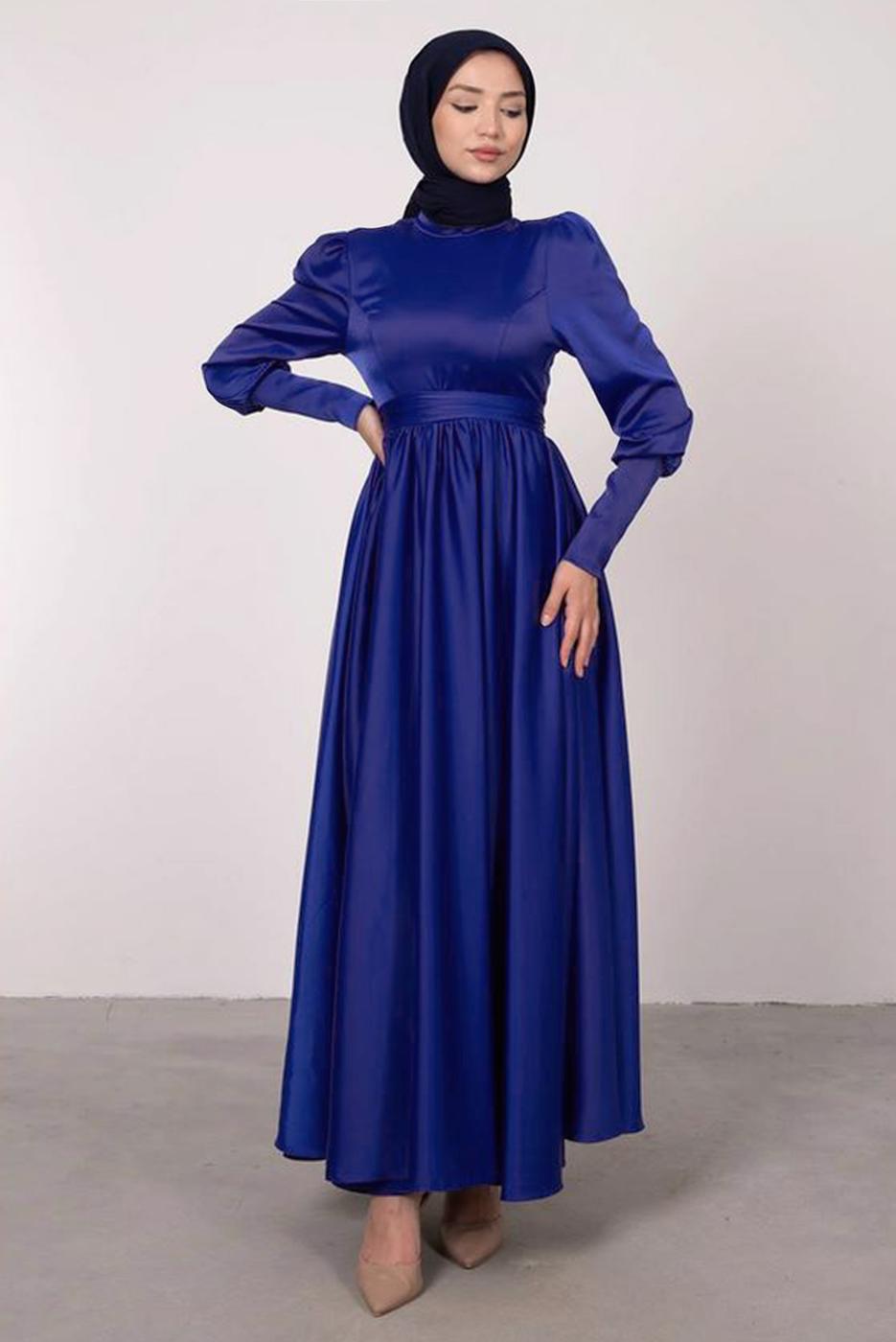Tesettür giyim LACİVERT KUŞAKLI SATEN ELBİSE T 1247