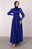 Tesettür giyim LACİVERT KUŞAKLI SATEN ELBİSE T 1247