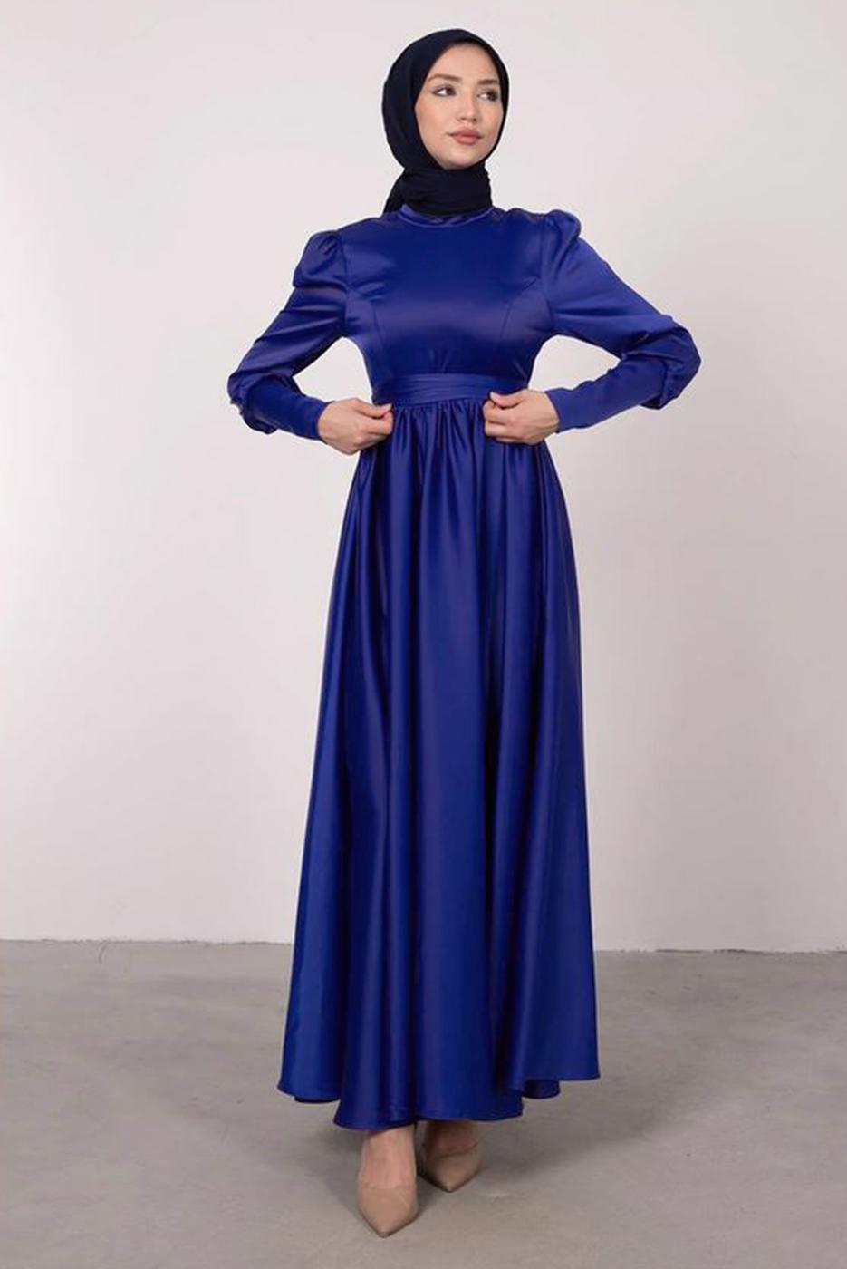 Tesettür giyim LACİVERT KUŞAKLI SATEN ELBİSE T 1247