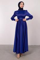 Tesettür giyim LACİVERT KUŞAKLI SATEN ELBİSE T 1247