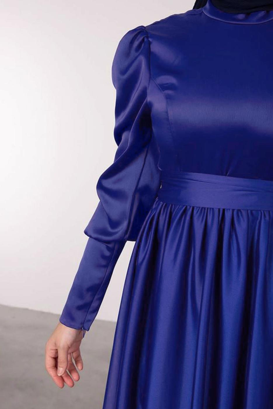 Tesettür giyim LACİVERT KUŞAKLI SATEN ELBİSE T 1247