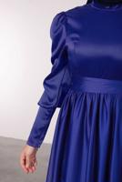 Tesettür giyim LACİVERT KUŞAKLI SATEN ELBİSE T 1247