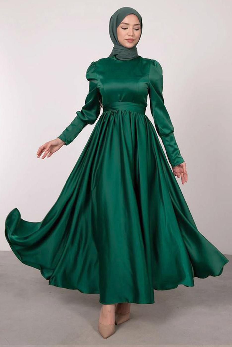 Tesettür giyim YEŞİL KUŞAKLI SATEN ELBİSE T 1247