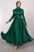 Tesettür giyim YEŞİL KUŞAKLI SATEN ELBİSE T 1247