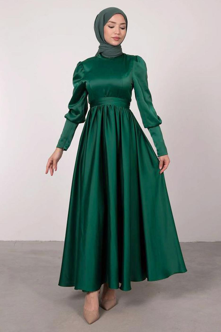 Tesettür giyim YEŞİL KUŞAKLI SATEN ELBİSE T 1247