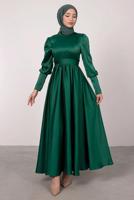 Tesettür giyim YEŞİL KUŞAKLI SATEN ELBİSE T 1247