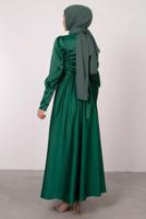 Tesettür giyim YEŞİL KUŞAKLI SATEN ELBİSE T 1247