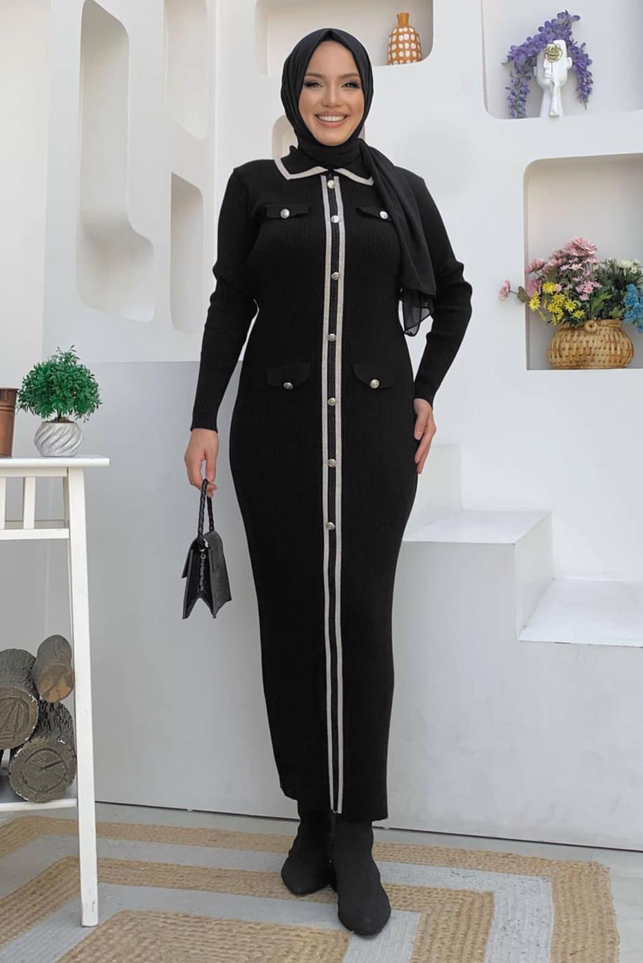 Tesettür giyim SİYAH TRİKO ELBİSE T 21332