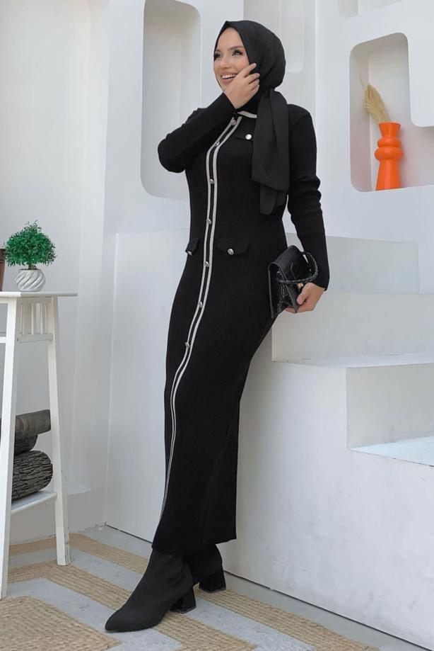 Tesettür giyim SİYAH TRİKO ELBİSE T 21332 - TRENDTESETTÜR