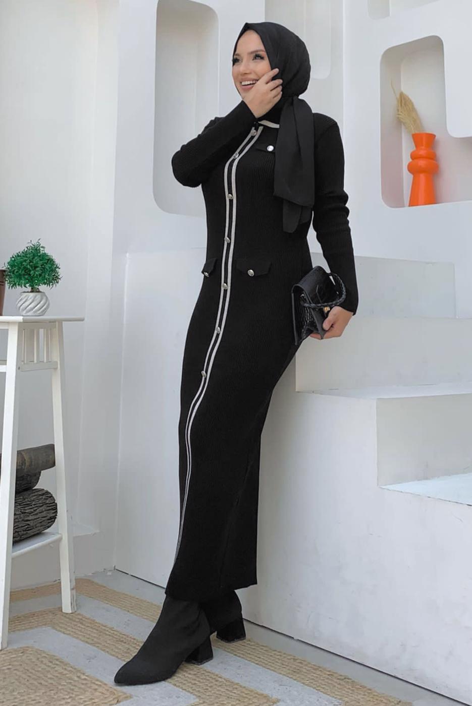 Tesettür giyim SİYAH TRİKO ELBİSE T 21332