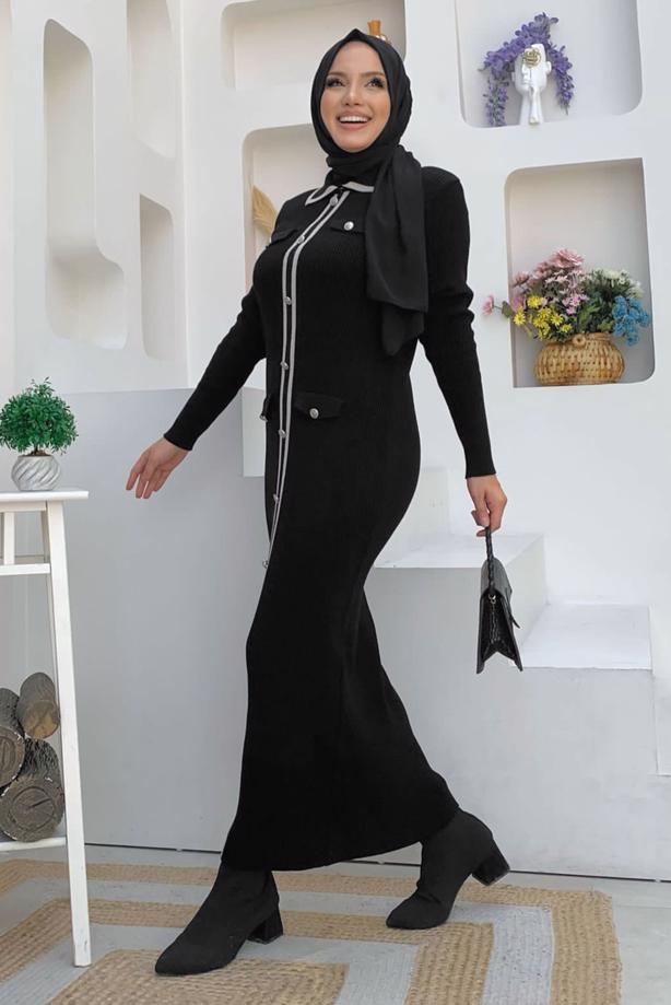 Tesettür giyim SİYAH TRİKO ELBİSE T 21332 - TRENDTESETTÜR