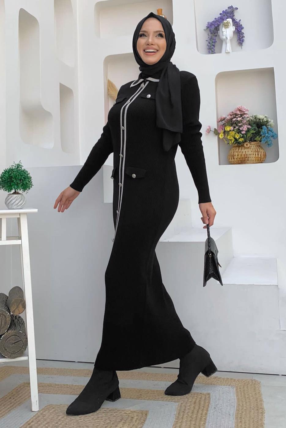 Tesettür giyim SİYAH TRİKO ELBİSE T 21332