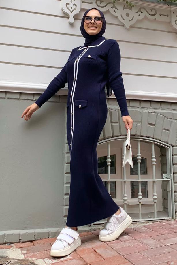 Tesettür giyim LACİVERT TRİKO ELBİSE T 21332 - TRENDTESETTÜR