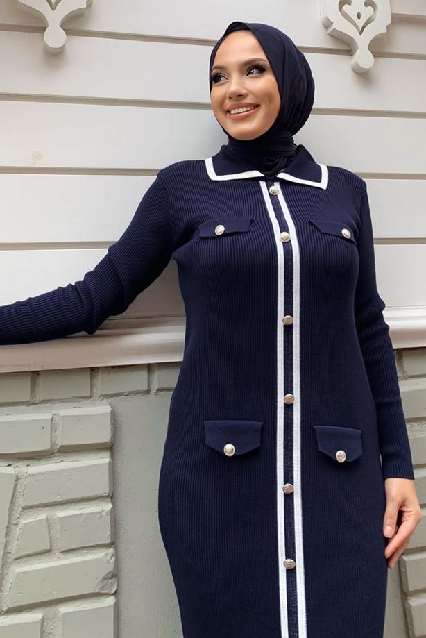 Tesettür giyim LACİVERT TRİKO ELBİSE T 21332 - TRENDTESETTÜR