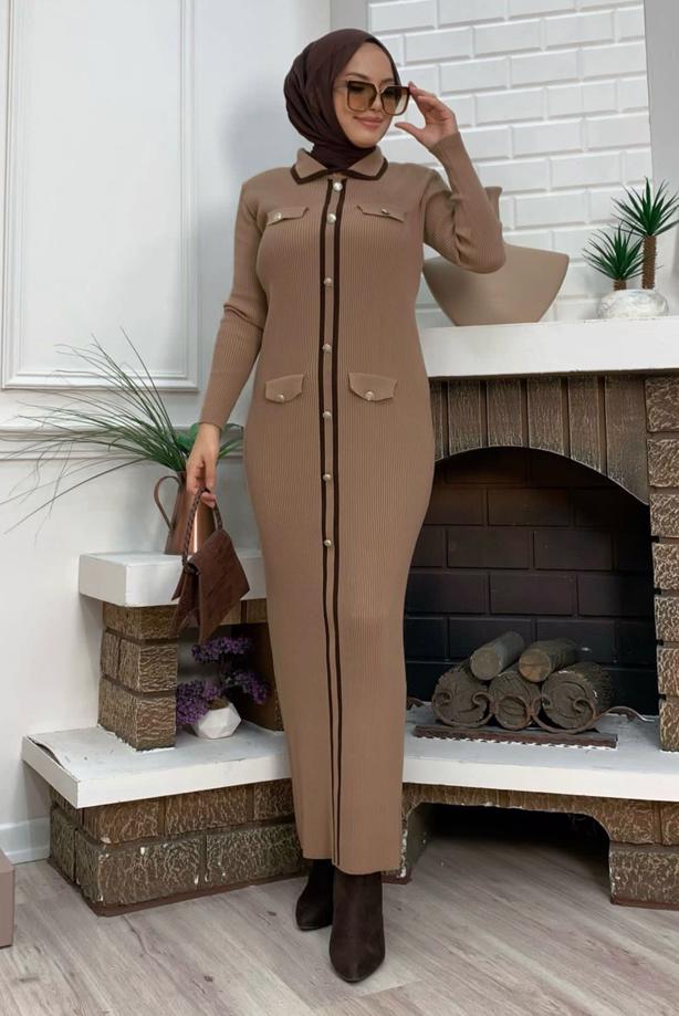 Tesettür giyim TABA TRİKO ELBİSE T 21332 - TRENDTESETTÜR