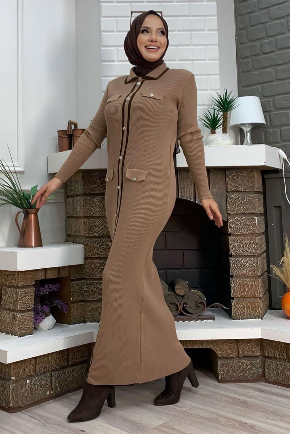 Tesettür giyim TABA TRİKO ELBİSE T 21332