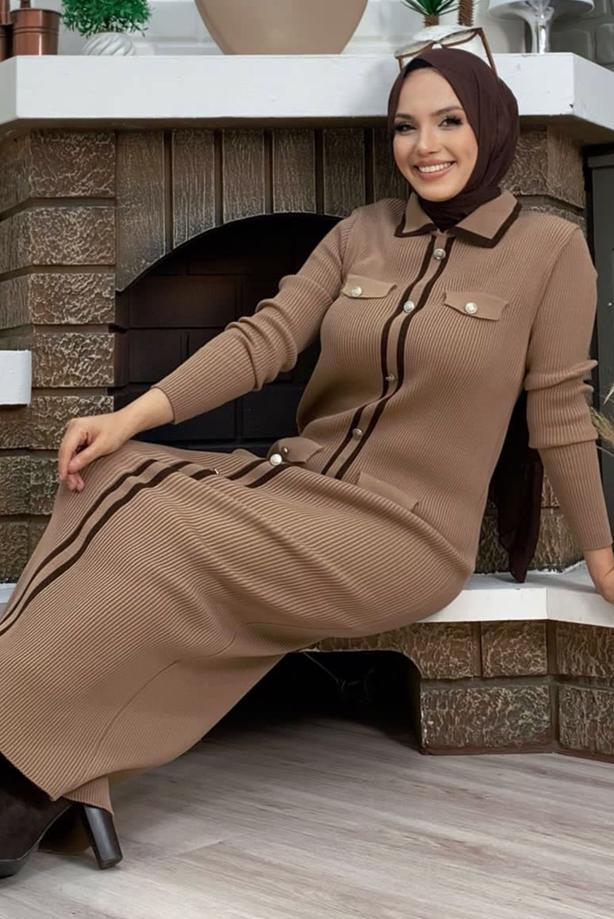 Tesettür giyim TABA TRİKO ELBİSE T 21332 - TRENDTESETTÜR