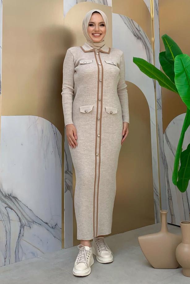 Tesettür giyim BEJ TRİKO ELBİSE T 21332 - TRENDTESETTÜR